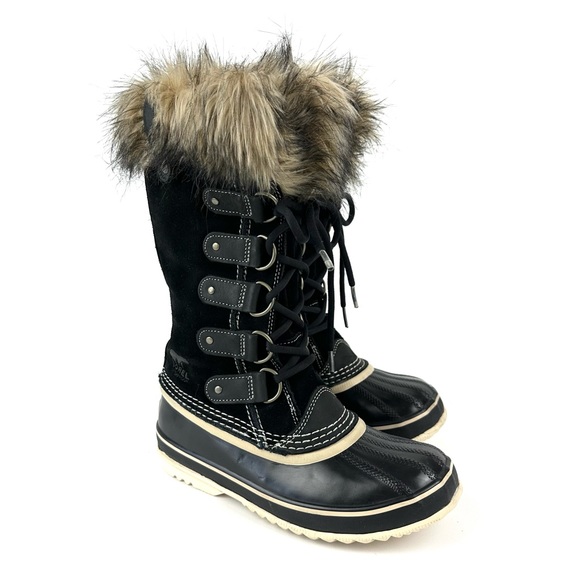 Sorel Joan of Arctic Faux Fur Trim Suede Winter Boots Black/Cream Size 6 - Picture 1 of 15